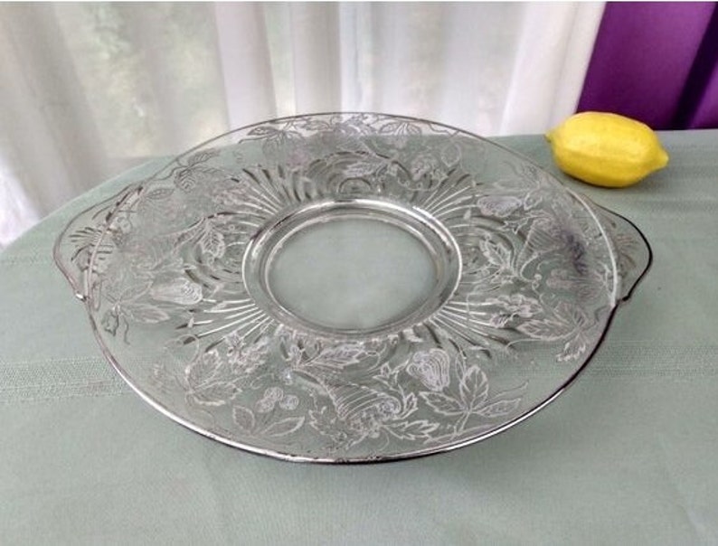 Paden City Silver Overlay Torte Plate Pedestal Platter 13 1/2 inch x 11 1/4 inch Beautiful Silver Intact Serving Platter Affordable Wedding image 3
