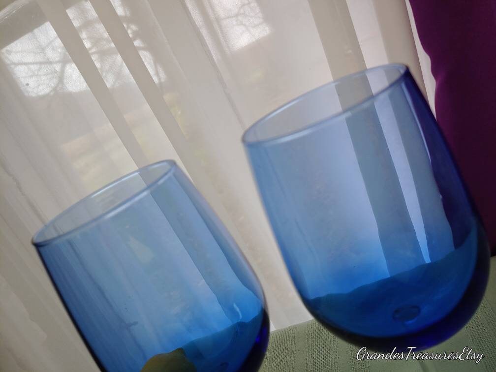 Large Clear Stem Cobalt Blue Wine Glasses 16 Oz Set of 2 Very Etsy
