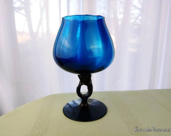 Vintage Peacock Blue Empoli Compote Vase Italian Art Glass Snifter Footed Pedestal Mid Century Italy