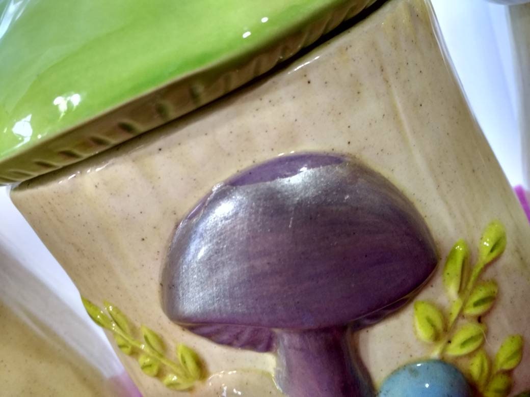 Mushroom Canister Set (4) With Salt & Pepper Shaker RARE Pastel Colors