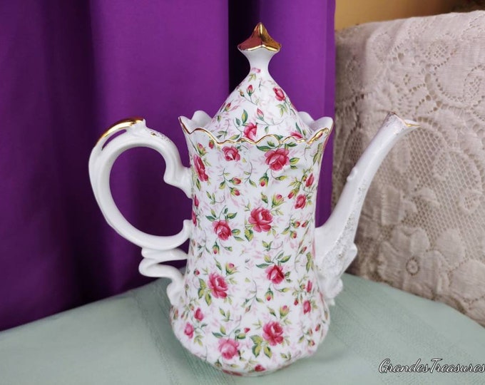 Lefton Rose Chintz Coffee Pot Hand Painter Petite Pink Rose Porcelain Tea Pot High Tea Formal Dining 661 660