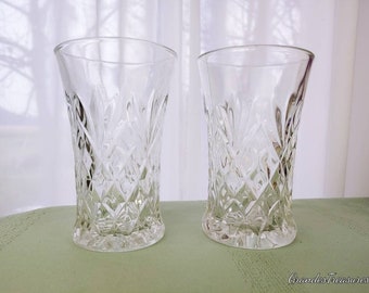 Anchor Hocking Prescut Clear Water Glasses "Pineapple Glasses" Chris Cross Pattern Flat Tumblers Set Of 2