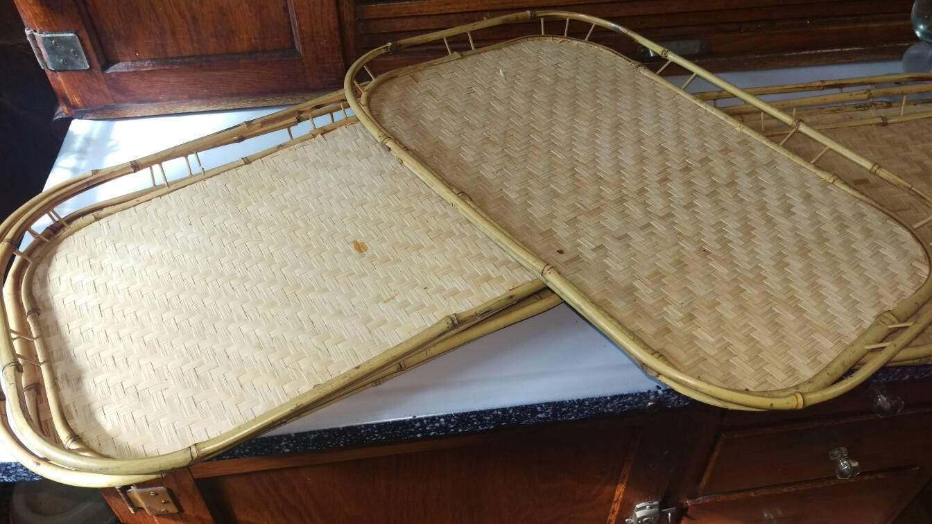 Large Natural Rattan Wicker Tiki Bamboo TV Dinner Lap Trays Set of 5