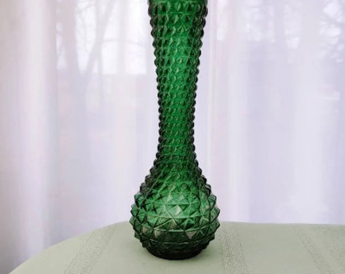 Green Empoli Vase Dark Green Glass Diamond Cut 12 Inch Castleton Green Vintage Collectable