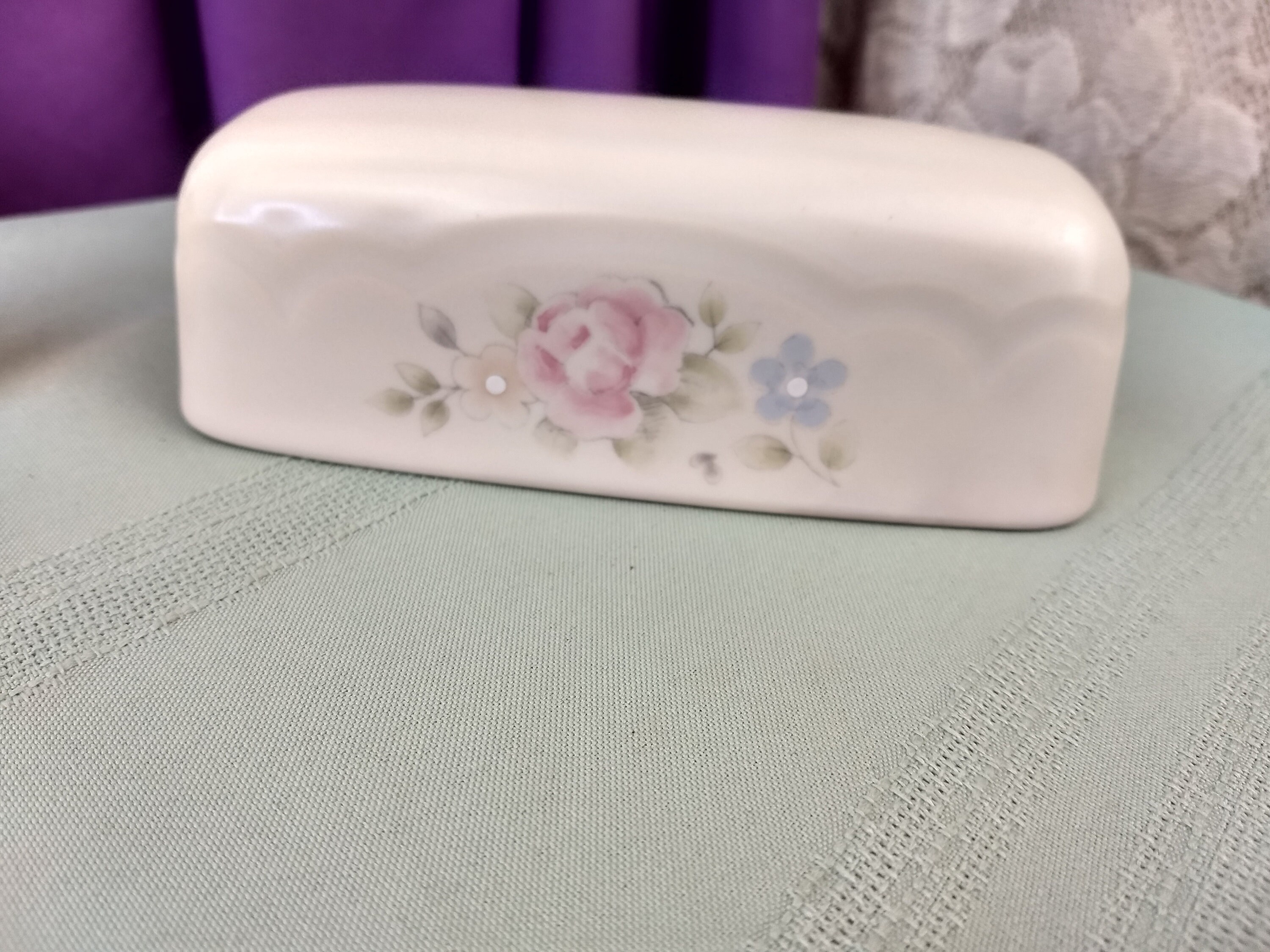 Pfalzgraff Tea Rose Butter Dish Cover Stoneware Pink Ande Blue Flowers