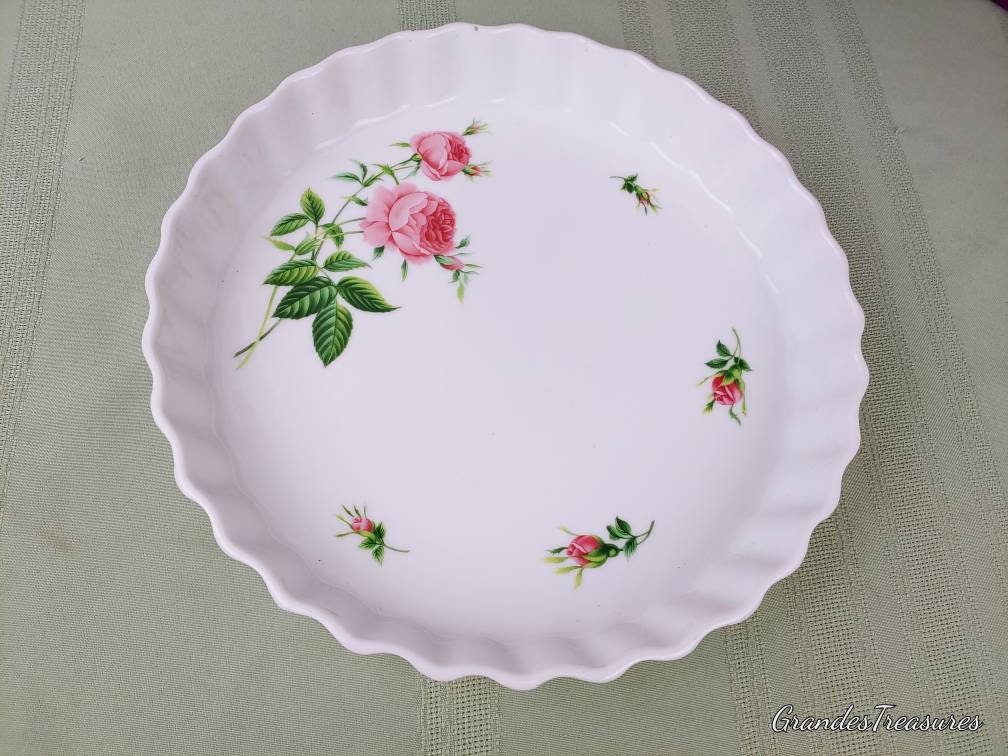 Vintage Christine Holme Pink Roses Stoneware Quiche Dish Pie Tart Pan