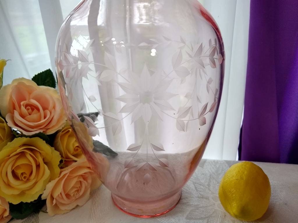 Large Classic Pink Depression Glass Vase Etched Pale Pink Etched Floral