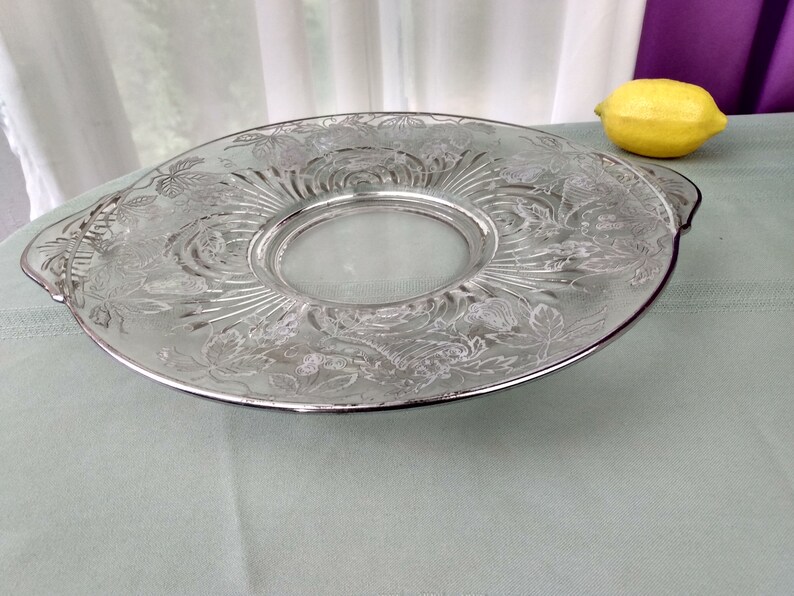 Paden City Silver Overlay Torte Plate Pedestal Platter 13 1/2 inch x 11 1/4 inch Beautiful Silver Intact Serving Platter Affordable Wedding image 6