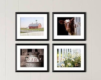 Farmhouse Print Set of 4, Barn Cow Wall Art, Canvas Art Set, Country Home Wall Art, Rustic Farmhouse Art, Rural Indiana Art