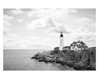 Black and White Lighthouse Photo, Portland Head Light, Maine Print or Canvas Art