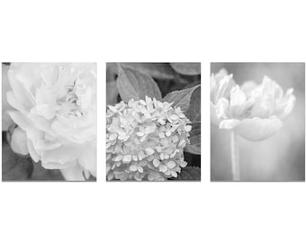 Set of 3 Black and White Flower Prints or Canvas Wall Art, Black White Rustic Floral Art, Flower Photography, Farmhouse Bedroom Wall Art