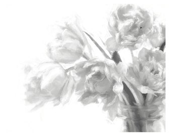 Tulip Print or Canvas Art, Floral Wall Art, Bedroom Wall Decor, Tulip Photograph, Gray Wall Art, Bathroom Print, Black and White Tulip Art