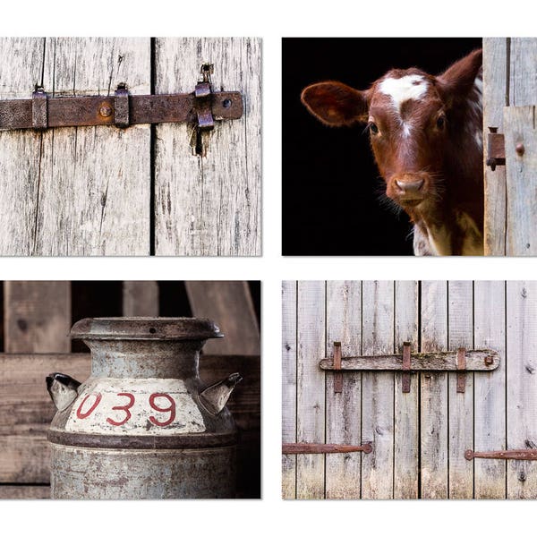 Farm Print Set or Canvas Art Set of 4, Farmhouse Wall Art, Rustic Country Home Wall Decor, Cow Photograph, Old Milk Can Photo