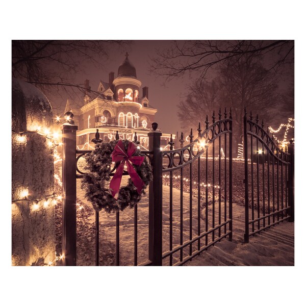 Seiberling Mansion Christmas Print or Canvas for Home Decor: Snowy Holiday Wall Art, Kokomo Indiana