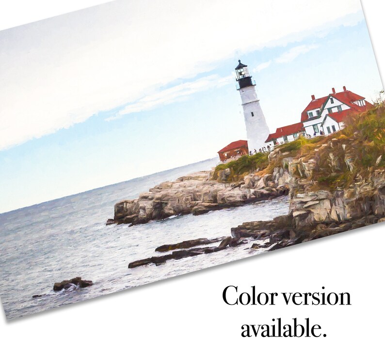 May include: A white lighthouse with a black roof stands on a rocky cliff overlooking the ocean. The lighthouse is surrounded by green trees and bushes. The sky is blue and cloudy.