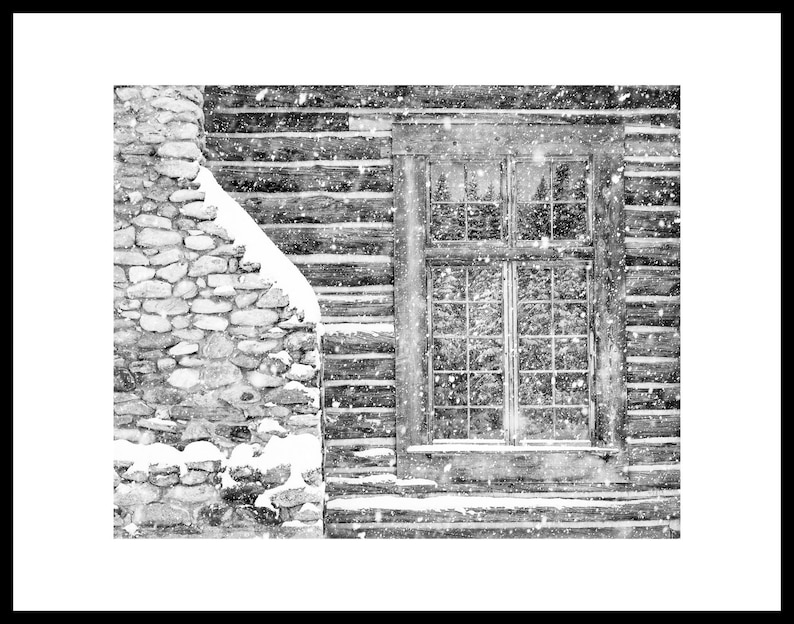 Rustic Winter Wall Art Log Cabin Photo Black and White Snowy Etsy