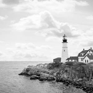 A black and white Portland lighthouse picture that is available in print or canvas.
