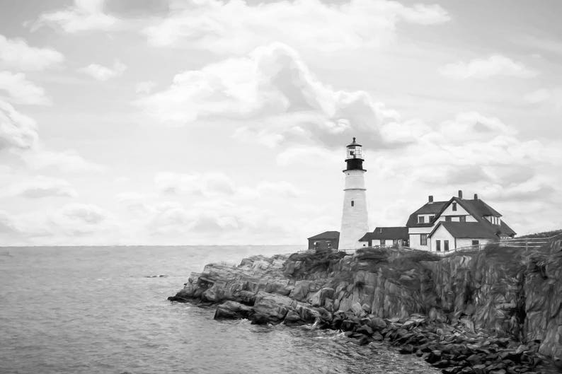 A black and white Portland lighthouse picture that is available in print or canvas.