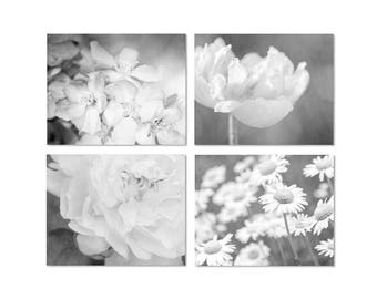 Spring Flower Print Set of 4 in Black and White, Floral Wall Gallery in Print or Canvas, Dark Gray Wall Art, Master Bedroom Wall Decor