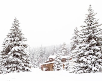 Snowy Winter Landscape, Log Cabin Photograph, Winter Art Print, Country Home Decor, Snow Photograph, Western Art, Mountain Photograph