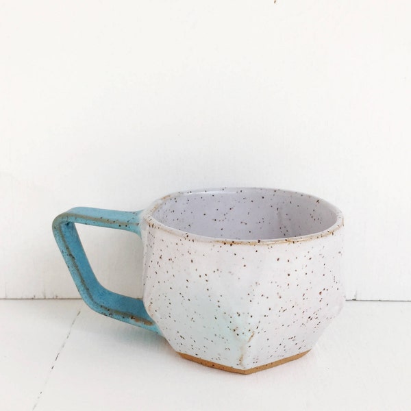 Turquoise and White Ceramic Tea Cup or Coffee Mug / Modern Geometric Angular Shape / The Samara Tea Cup / READY TO SHIP