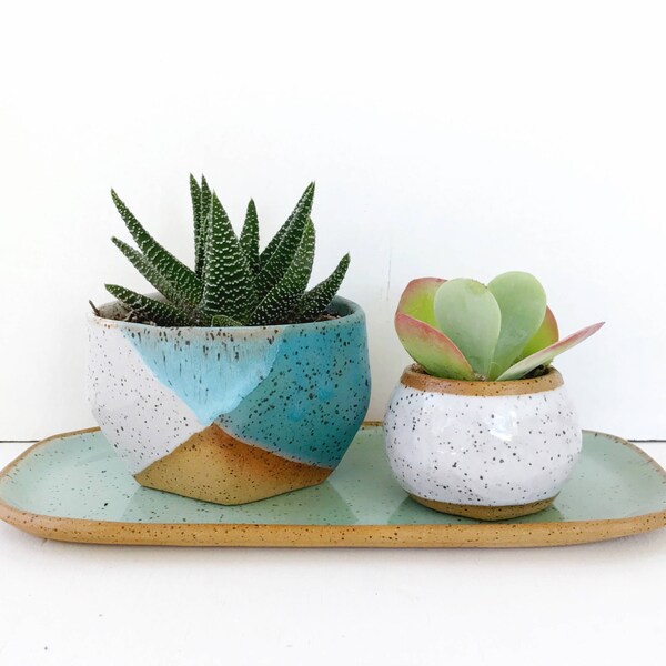 Ceramic Planter Turquoise White / Pottery for Succulents, Cacti or House Plants / The Mauna Planter / READY TO SHIP