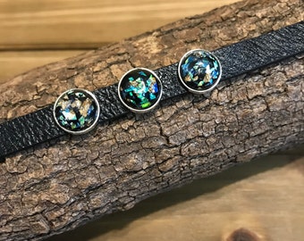 Black Leather Bracelet-12mm Cabochons, Blue,Gold, Green, Extendable bracelet, Ships from USA, Charm Bracelets, Jewelry