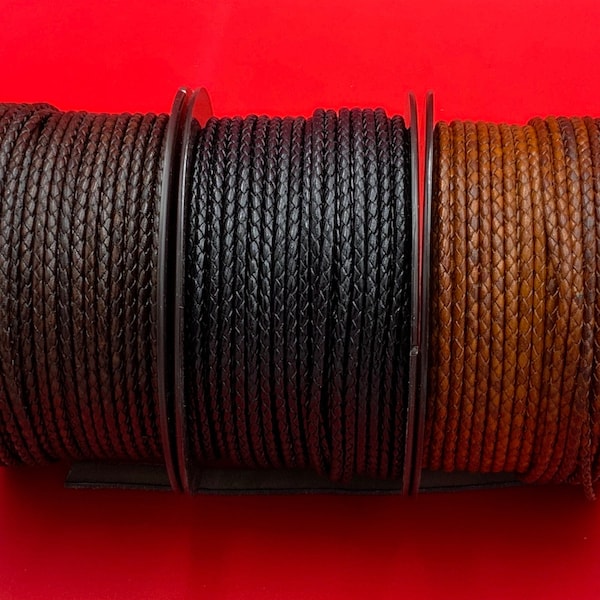 MADE in EUROPE 24" of braided bolo 3mm leather cord, 3mm tobacco, black and dark brown braided leather cord