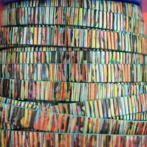 May include: A close-up of a colorful, multi-layered ribbon with a repeating pattern of vertical stripes. The ribbon is made of a textured material and has a slight sheen.