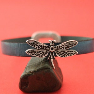 May include: A blue leather bracelet with a silver dragonfly charm.