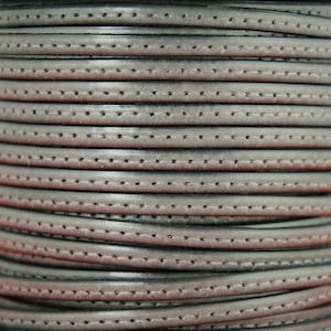 MADE in EUROPE 1 yard of 5mm grey stitched leather cord, genuine leather 5mm stitched strip, grey flat leather cord (MARF5GRST)