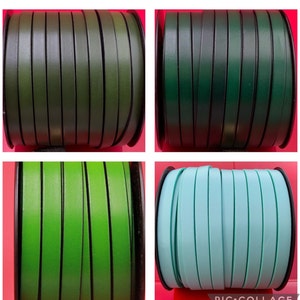May include: Four spools of leather cord in different colors: dark green, light green, and two shades of blue. The leather cord is rolled up on the spools.