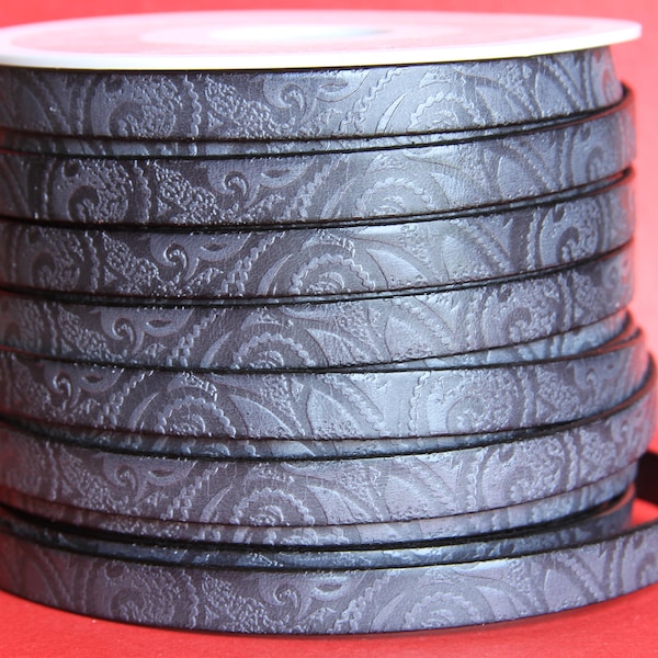 MADE in EUROPE 24" flat leather cord, embossed 10mm gray leather cord, engraved leather cord (503/10/40)