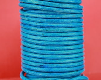 MADE in EUROPE 24" round turquoise leather cord, genuine leather cord, distressed turquoise round leather cord (5MS321)