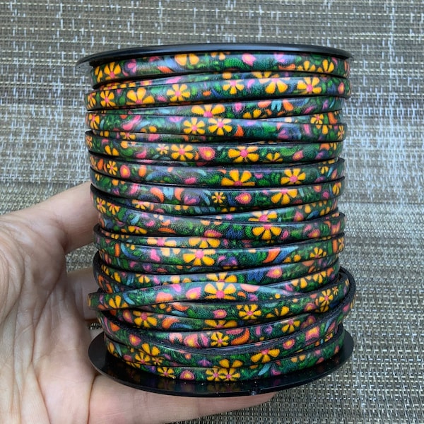 MADE in EUROPE 24'' multi color flat leather cord, flat floral leather cord, 5mm flower printed leather cord (AR100/05/flower)