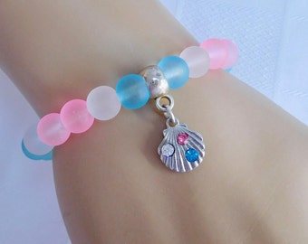 Blue, Pink & White Beaded Bracelet with Rhinestone Shell Charm, Beach Jewellery, Blue and Pink Jewellery, Summer Jewelry, Nautical Bracelet