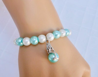 Blue & White Pearl Bracelet with Mermaid Charm, Blue Jewellery, Mermaid Charm Bracelet, Summer Bracelet, Beach Bracelet, Summer Gift For Her