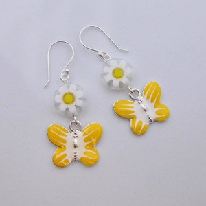 OOAK Yellow Butterfly & Flower Earrings, White Flower Jewellery, Yellow Butterfly Jewellery, Silver Earrings, Silver Jewellery, Gift For Her