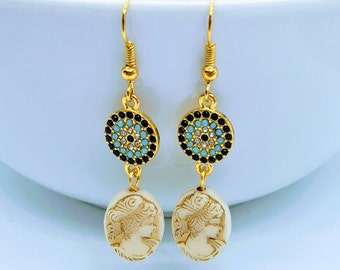 Gold Cameo Earrings, Rhinestone Earrings, Cameo Jewellery, Black & Blue Jewellery, Gold Jewellery, Rhinestone Jewellery, Gift For Her