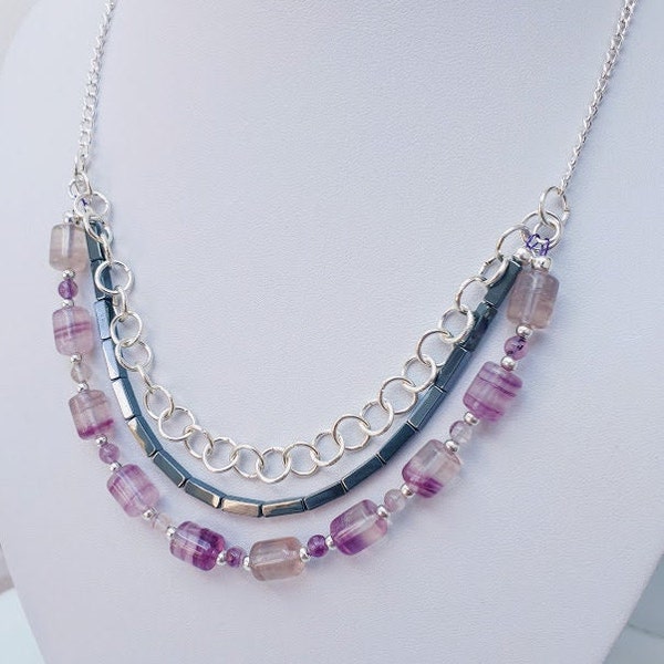OOAK Fluorite Gemstone Necklace, Purple Fluorite & Haematite Bead Necklace, Silver Chain Necklace, Purple Gemstone Jewellery, Gift For Her