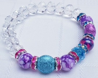 OOAK Pink & Blue Crystal Bracelet, Rhinestone Bracelet, Sparkly Bracelet, Blue Jewelry, Pink Jewelry, Clear Crystal Jewellery, Gift For Her