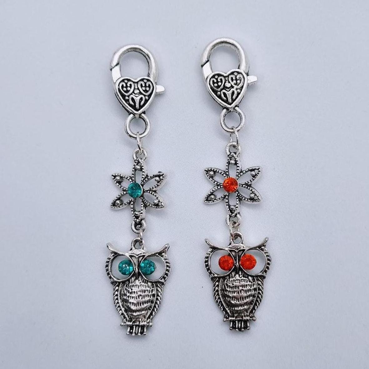 Silver Owl Keyring Bag Charm, Flower Keyring, Orange Keyring, Teal Green Keyring, Owl Keychain, Silv
