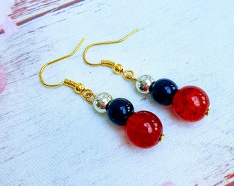 Red & Black Earrings, Beaded Earrings, Red Jewellery, Black Jewellery, Gold Earrings, Gold Jewellery, Gift For Her