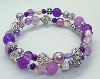 Purple & Silver Beaded Memory Wire Wrap Bracelet, Rhinestone Bracelet, Flower Bracelet, Flower Jewellery, Purple Jewellery, Gift For Her