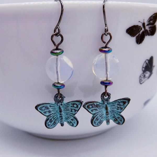 Opalite & Haematite Gemstone Earrings, Green Butterfly Earrings, Opalite Jewellery, Gemstone Jewellery, Butterfly Jewellery, Gift For Her