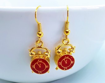 Red Clock Earrings, Clock Jewellery, Alarm Clock Earrings, Red Jewellery, Gold Earrings, Gold Jewellery, Fun Earrings, Cute Gift For Her