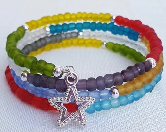 Multi Colour Beaded Memory Wire Wrap Bracelet, Star Charm Bracelet, Star Jewellery, Blue Red Green Yellow Purple Jewellery, Gift For Her