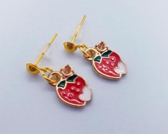 Strawberry Earrings, Red Earrings, Gold Earrings, Strawberry Jewellery, Fruit Earrings, Food Jewellery, Fun Gift For Her, Cute Gift For Girl