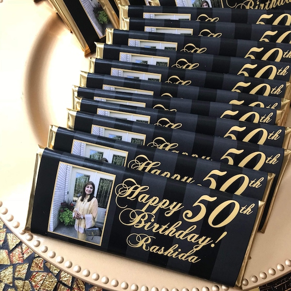 24 pack Personalized 50th birthday favors, 50th birthday party candy wrappers, black and gold party, 40th birthday favors, 50 and fabulous