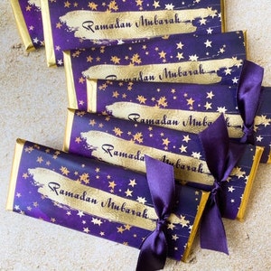 24 Ramadan party favors, Eid party favors, gold purple party favor, personalized gold star party favors, purple gold candy wrapper